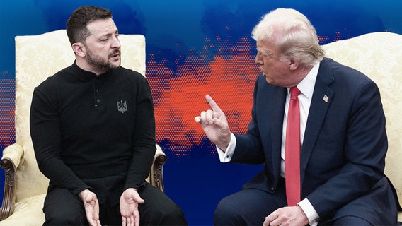 Der ukrainische Präsident Volodymyr Zelensky spricht mit US-Präsident Donald Trump im Oval Office des Weißen Hauses in Washington, DC, USA, 28. Februar 2025. © picture alliance / Consolidated News Photos | Jim LoScalzo - Pool via CNP 
