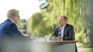 Bundeskanzler Olaf Scholz (SPD) im Sommerinterview des ZDF mit Moderator Theo Koll. © picture alliance Foto: Thomas Kierok