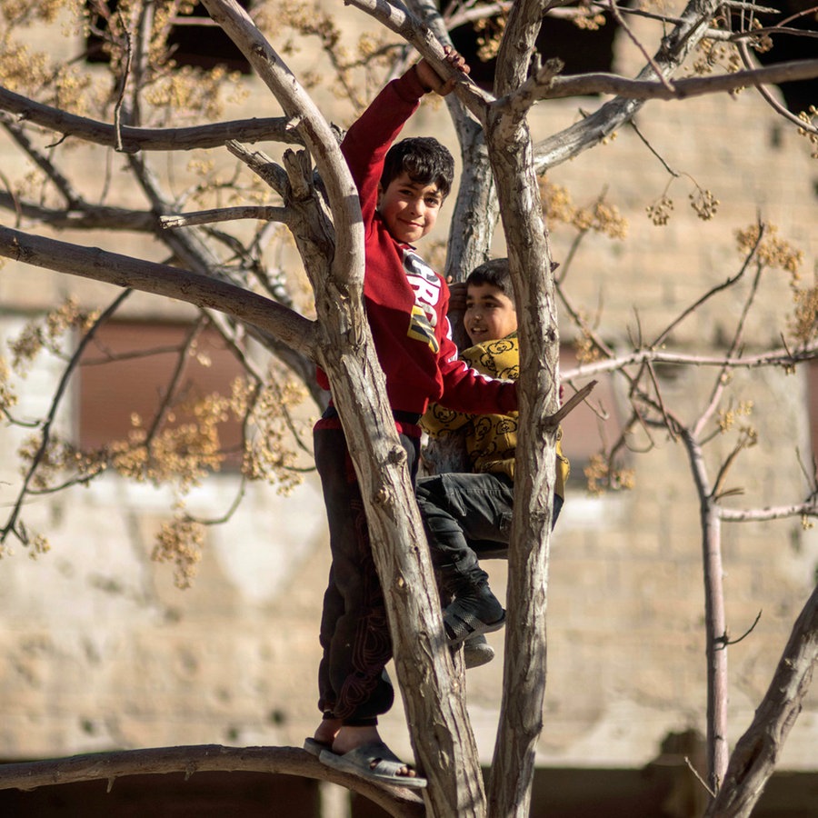 Kinder spielen in einem Baum in der Stadt Harasta, die während des Krieges zwischen Oppositionskräften und dem Assad-Regime heftig umkämpft war, am Stadtrand von Damaskus (Syrien). © AP/dpa Foto: Mosa'ab Elshamy