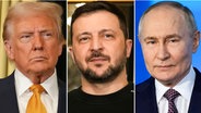Eine Collage zeigt die Porträtbilder von US-Präsident Donald Trump (links), den ukrainischen Präsidenten Wolodymyr Selenskyj (Mitte) und Russlands Präsident Wladimir Putin (rechts). © AP/dpa Foto: Morissard/Bednyakov