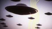 3D-Animation von mehreren am Himmel schwebenden Ufos. © Imago Images 
