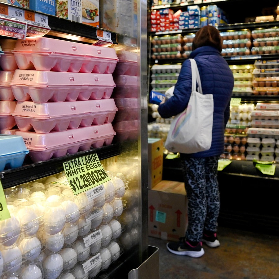Eine Frau steht in einem US-Supermarkt vor einem Regal mit Eiern, die Preise sind höher als gewöhnlich. © picture alliance Foto: Anthony Behar