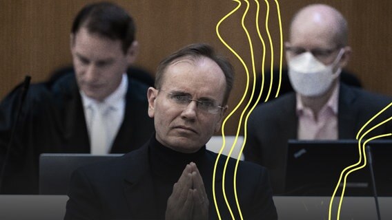 Der frühere Wirecard-Vorstandschef Markus Braun (M) sitzt im Gerichtssaal. Im Hintergrund rechts sitzt der Mitangeklagte im Wirecard-Prozess, Oliver Bellenhaus mit seinem Anwalt Florian Eder (l). © picture alliance/dpa Foto: Sven Hoppe