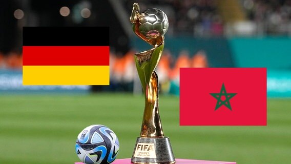 Das Thumbnail mit Trophäe der Frauenfußball-WM 2023 in Australien und Neuseeland auf das Spiel Deutschland gegen Marokko. © dpa/AP und Creative Common Foto: Abbie Parr