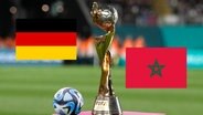 Das Thumbnail mit Trophäe der Frauenfußball-WM 2023 in Australien und Neuseeland auf das Spiel Deutschland gegen Marokko. © dpa/AP und Creative Common Foto: Abbie Parr