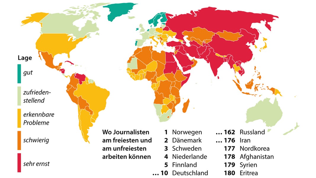 Weltkarte der Pressefreiheit 2024 (nach Daten von Reporter ohne Grenzen)