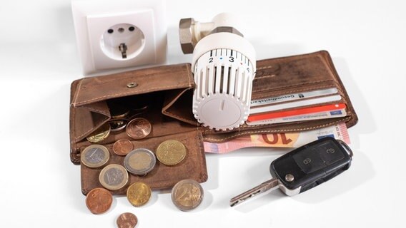 Eine Bildcollage zeigt ein Portemonaie mit Geld, ein Heiz-Thermostat und ein Autoschlüssel. © agrarmotive Foto: Klaus-Dieter Esser