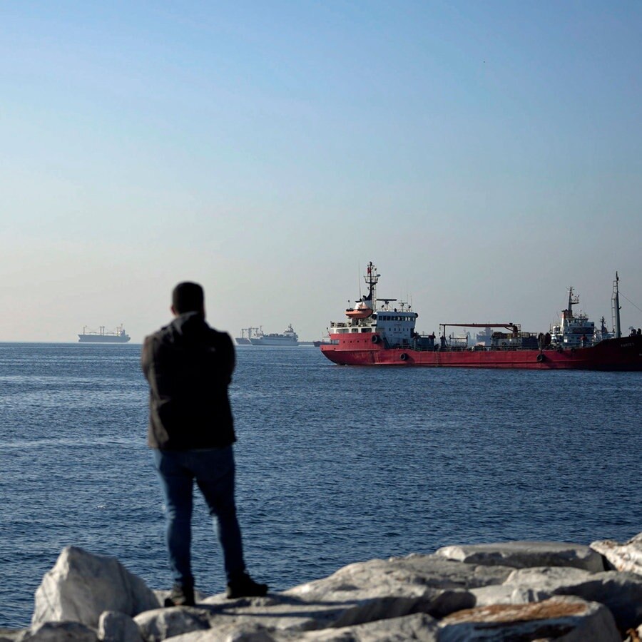 Frachtschiffe liegen in Istanbul vor Anker und warten auf die Durchfahrt durch die Bosporusstraße. © AP/dpa Foto: Khalil Hamra