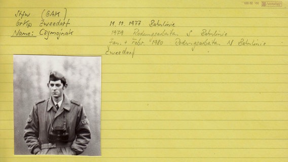 Karteikarte der westdeutschen Grenzschützer über den DDR-Soldaten Harald Czymoniak.  Foto: Marc Hoffmann