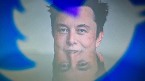 Elon Musk, CEO von Tesla und SpaceX, hinter den Silhouetten des Twitter-Logos (Illustration). © ZUMA Press Wire/dpa Foto: Adrien Fillon
