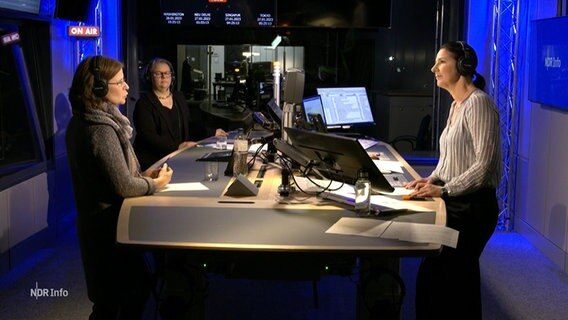 Moderatorin Janine Albrecht mit Historikerin Ulrike Jurweit und Kulturwissenschaftlerin Katrin Unger im Studio. © NDR 