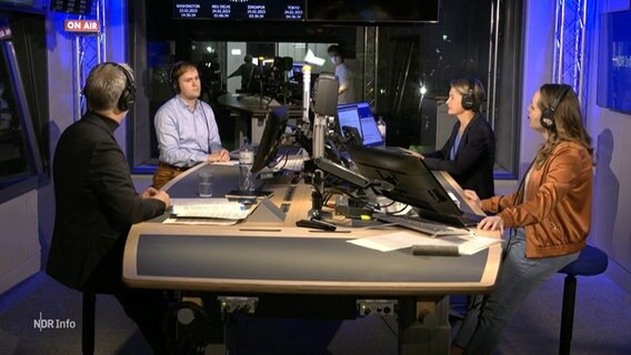 Moderatorin Nina Zimmermann (r) im Studio mit Friedemann Magaard (v.l.n.r.), Dr. Alexander Graef und Anna Engelke im Studio von NDR Info. © NDR 