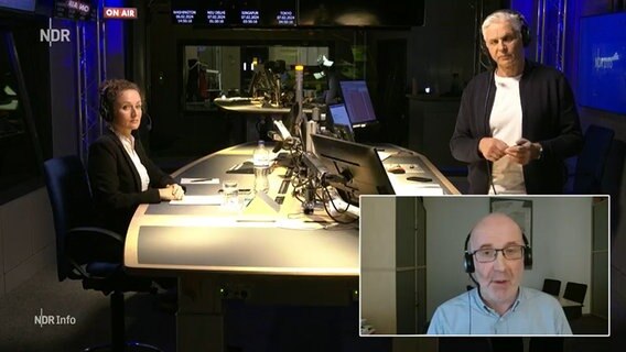 Studio-Aufnahme der NDR Info Redezeit - Moderator Gerd Wolff und Gäste © NDR Foto: Screenshot