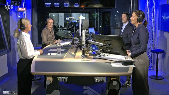 NDR Info Moderatorin Janine Albrecht und Gäste im Studio der Redezeit. © NDR 