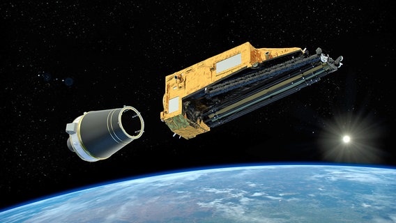 Eine Illustration zeigt, wie der "Biomass"-Satellit der ESA im Orbit freigesetzt wird. © dpa bildfunk/ESA/ATG medialab 
