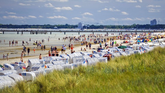 Ein dicht bevölkerter Ostseestrand in Scharbeutz. © imago images Foto: Christian Ohde