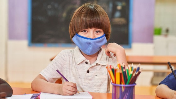 Ein Kind sitzt mit Corona-mit Maske im Klassenzimmer einer Grundschule. © picture alliance / Zoonar | Robert Kneschke 