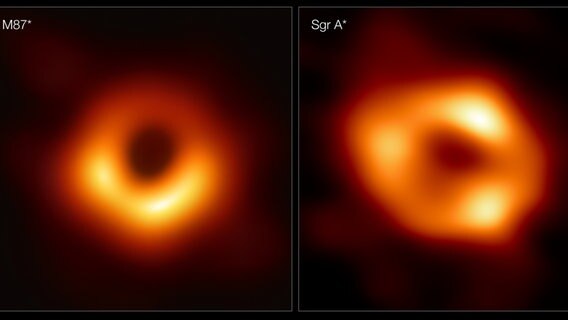Die Kombo zeigt ein Bild des Schwarzen Lochs im Zentrum der riesigen Galaxie Messier 87 (l.) und das erste Bild von Sagittarius A*, dem Schwarzen Loch im Zentrum der Milchstraße (undatiertes Handout, am 12.05.2022 freigegeben). ©  EHT collaboration/dpa 