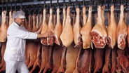 Schweinehälften hängen an Haken von der Decke in einer Lagerhalle. © BLE/ Bundesanstalt für Landwirtschaft und Ernährung 