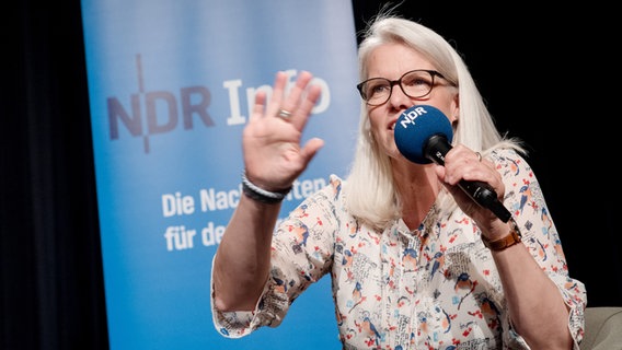 Diskussionsrunde am 8.5.2025 im resonazraum in Hamburg zum Thema Zukunfsfähiges Wirtschaften. Auf dem Podium: NDR Info Moderatorin Birgit Langhammer. © AdWHH Foto: AdWHH / Jann Wilken