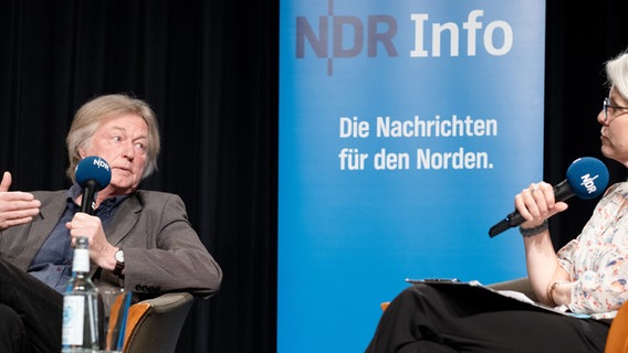 Diskussionsrunde am 8.5.2025 im resonazraum in Hamburg zum Thema Zukunfsfähiges Wirtschaften. Auf dem Podium von links nach rechts: Jürgen Oßenbrügge mit NDR Info Moderatorin Birgit Langhammer. © AdWHH Foto: AdWHH / Jann Wilken