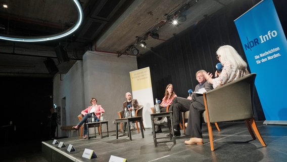 Diskussionsrunde am 8.5.2025 im resonazraum in Hamburg zum Thema Zukunfsfähiges Wirtschaften. Auf dem Podium von links nach rechts: Yvonne Zwick, Lukas Bäuerle, Carla Reuter und Jürgen Oßenbrügge mit NDR Info Moderatorin Birgit Langhammer. © AdWHH Foto: AdWHH / Jann Wilken