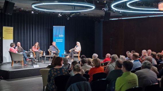 Diskussionsrunde am 8.5.2025 im resonazraum in Hamburg zum Thema Zukunfsfähiges Wirtschaften. Auf dem Podium von links nach rechts: Yvonne Zwick, Lukas Bäuerle, Carla Reuter und Jürgen Oßenbrügge mit NDR Info Moderatorin Birgit Langhammer. © AdWHH Foto: AdWHH / Jann Wilken