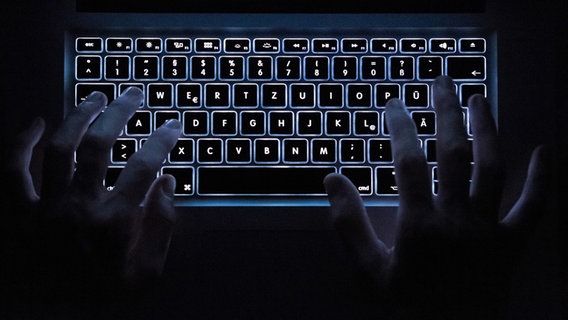 Die Tastatur eines Laptops leuchtet im Dunkeln, jemand schreibt. © dpa picture alliance Foto: Silas Stein