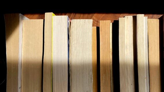 Die Seiten einer Reihe von gebrauchten Büchern. © NDR | Konrad Winkler Foto: Konrad Winkler
