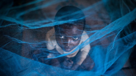 Ein Flüchtlingskind aus Burundi sitzt in Gashora (Ruanda) unter einem Moskitonetz. © dpa Foto: Dai Kurokawa