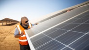 Ein Mitarbeiter schaut auf ein Solarpanel in einem Solarpark in der ägyptischen Wüsre Aswan. © picture alliance Foto: Ute Grabowski