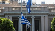 Die Flaggen Griechenlands und der Europäischen Union wehen am Donnerstag, 15. Juni 2023 auf Halbmast vor dem Maximos-Palast für die Opfer des tragischen Schiffbruchs in internationalen Gewässern vor Pylos. © picture alliance Foto: Giannis Panagopoulos / Eurokinissi
