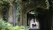 Berankter Bau auf dem historischen Londoner Friedhof Highgate Cemetery, zwei Personen gehen im Hintergrund. © picture alliance Foto: Rasid Necati Aslim