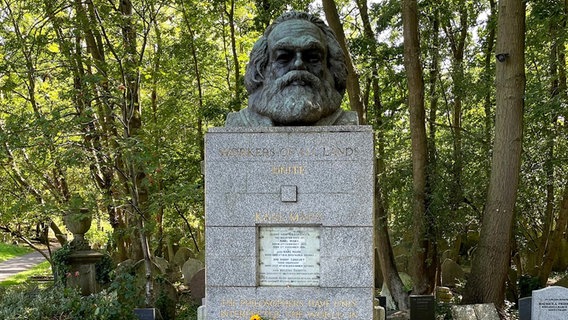 Grab mit Büste von Karl Marx auf dem Highgate Cemetery, London. © ARD Foto: Anouk Schollähn