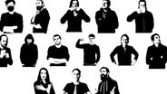 14 Menschen in Schwarz-Weiß-Darstellung, die kommunikative Gesten machen (Montage) © tutanota 