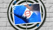 Eine Bildmontage zeigt eine Dartscheibe. Darauf ist eine Postkarte zu sehen. Sie zeigt den Arm eines Fußballers. Er trägt am Arm eine Binde, auf der ein "Verboten"-Zeichen zu sehen ist. © imago images Foto: Markus Ulmer