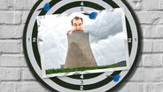 Eine Bildmontage zeigt eine Postkarte auf einer Dartscheibe. Sie zeigt den bayerischen Ministerpräsidenten Markus Söder, der aus dem Kühlturm eines Atomkraftwerks guckt. © dpa picture alliance Foto: McPhoto/M. Gann; Sven Hoppe; Armin Weigel