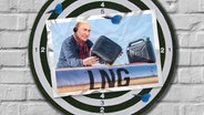 Fotomontage zeigt Wladimier Putin, der etwas aus einem Kanister in eine Leitung mit der Aufschrift LNG kippt. © dpa / picture alliance Foto: Wolfgang Kumm / Westend 61 Andreas Pacek