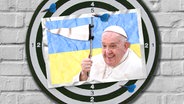 Eine Fotomontage zeigt den Papst, der vor einer Ukraine-Flagge eine weiße Fahne schwenkt. © picture alliance / Panther Media / Pressebildagentur ULMER / pixabay / StockSnap Foto: Nicole Langener / ULMER