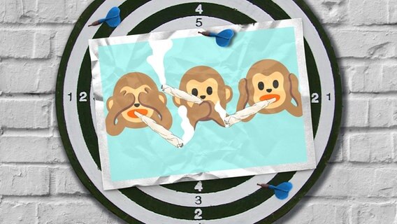 Eine Fotomontage zeigt die drei Affen: Nichts hören, nichts sehen, nichts sagen. Alle drei haben einen Joint im Mund. © picture alliance 