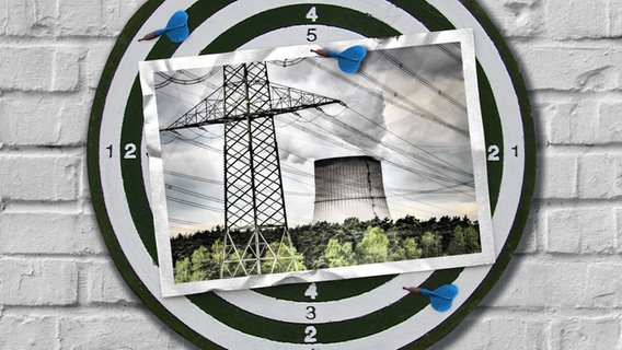 Eine Bildmontage zeigt eine Dartscheibe. Darauf ist eine Postkarte zu sehen. Sie zeigt ein Atomkraftwerk und Strommasten. © imago images/ Jürgen Ritter Foto: imago images / Jürgen Ritter