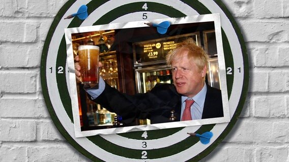 Eine Bildmontage zeigt eine Dartscheibe. Darauf ist eine Postkarte zu sehen. Sie zeigt den Britischen Premier Boris Johnsson mit einem Glas Bier. © imago images / PA Images Foto: imago images / PA Images