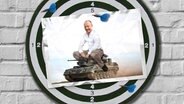 Eine Bildmontage zeigt eine Dartscheibe. Darauf ist eine Postkarte mit einer Fotomontage zu sehen. Sie zeigt CDU-Chef Friedrich Merz, der auf einem Miniatur-Panzer fährt. © Imago / Björn Trotzki, Imago / Sven Simon, picture alliance / Sven Simon Foto: Imago / Björn Trotzki, Imago / Sven Simon, picture alliance / Sven Simon