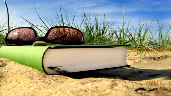 Ein Buch liegt am Strand mit einer Sonnenbrille auf dem Deckel. © Panther Media Foto: Vivien Matthiesen