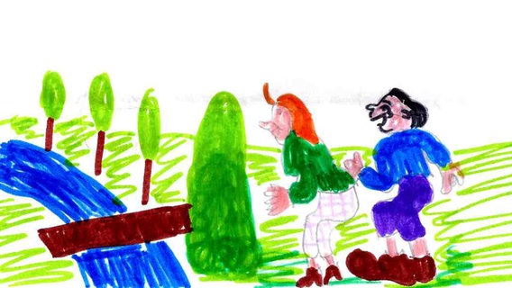 Eine Kinderzeichnung der Kinderbuchfiguren Max und Moritz.  