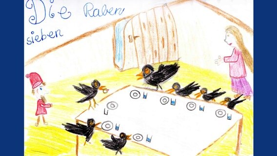 Kinderzeichnung eines Motivs aus dem Märchen "Die sieben Raben".  