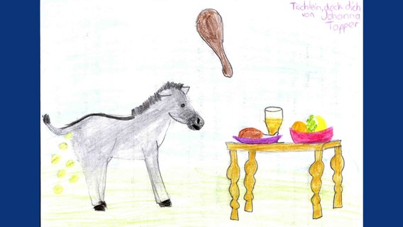 Kinderzeichnung eines Motivs aus dem Märchen "Tischlein, deck dich".  