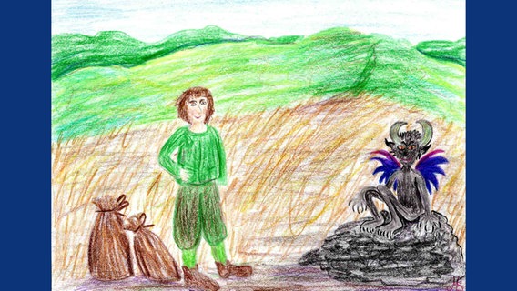Kinderzeichnung mit einem Motiv aus dem Märchen "Der Bauer und der Teufel".  