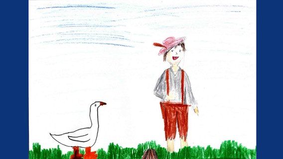 Kinderzeichnung von einer Gans und einem jungen Mann mit Hut.  
