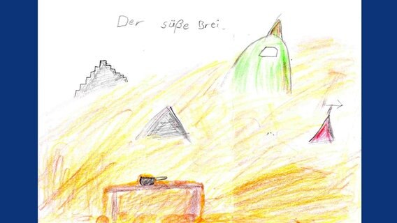 Kinderzeichnung eines Motivs aus dem Märchen "Der süße Brei".  